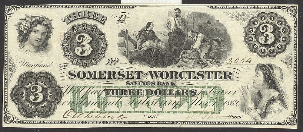 Salisbury, MD 1862 $3, The Somerset and Worcester Savings Bank, ChCU+